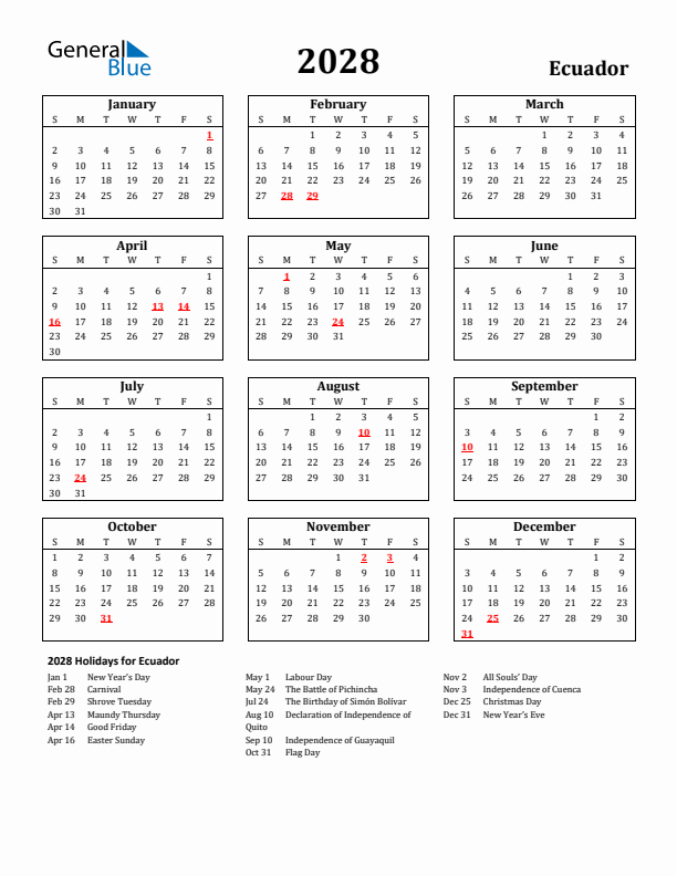 2028 Ecuador Holiday Calendar - Sunday Start