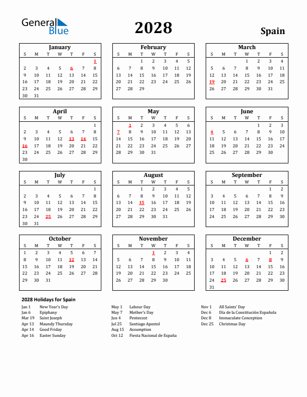 2028 Spain Holiday Calendar - Sunday Start