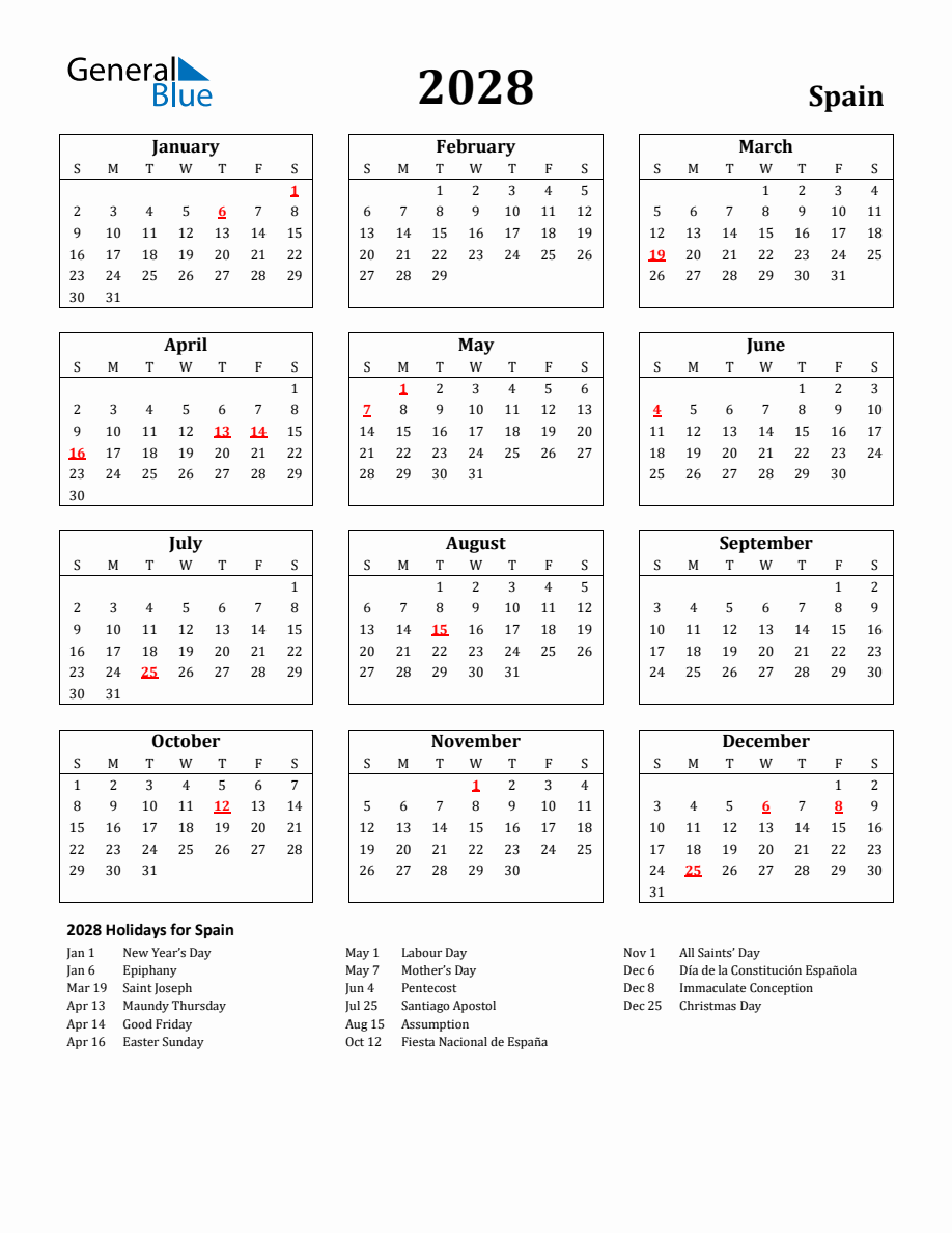 Free Printable 2028 Spain Holiday Calendar