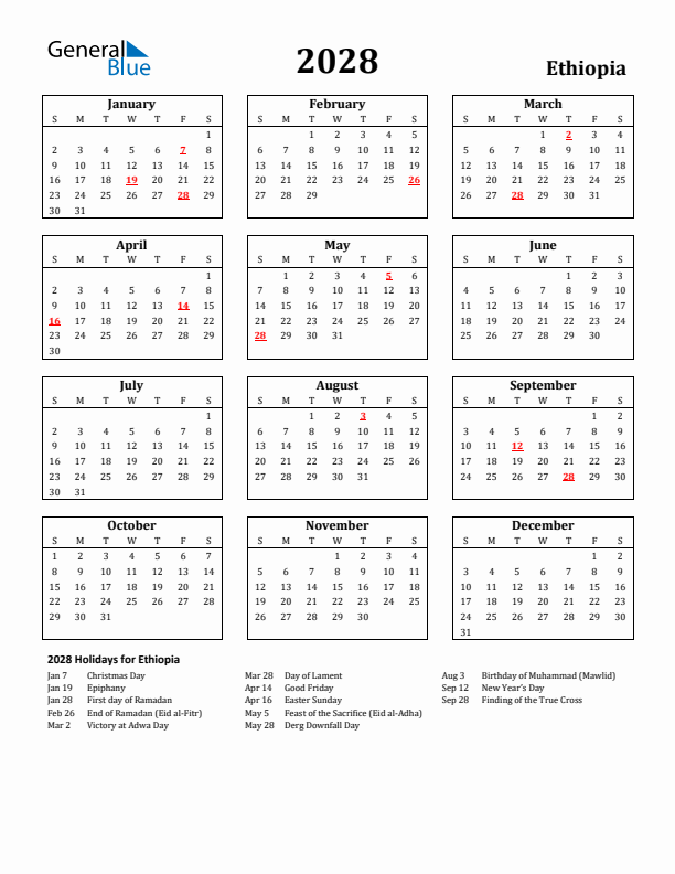 2028 Ethiopia Holiday Calendar - Sunday Start