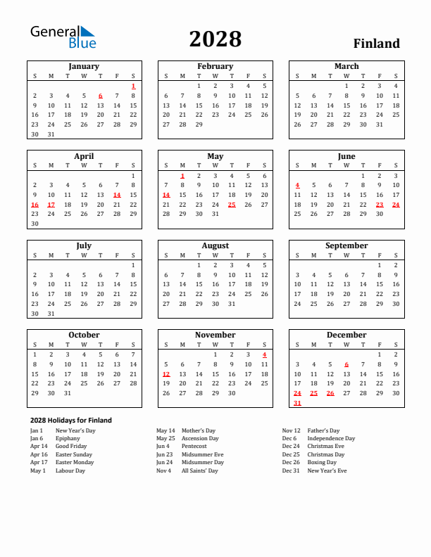 2028 Finland Holiday Calendar - Sunday Start
