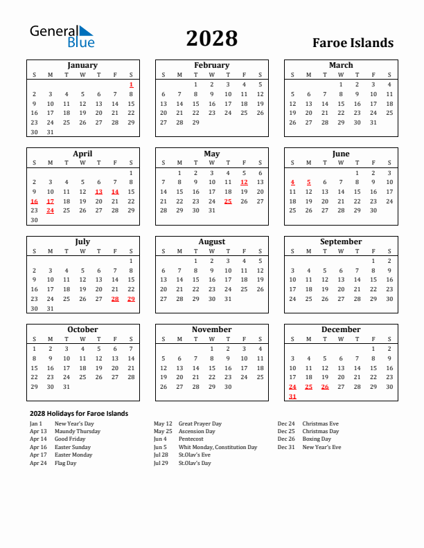 2028 Faroe Islands Holiday Calendar - Sunday Start