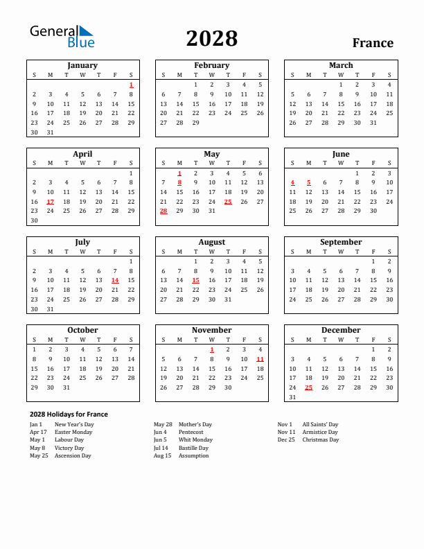 2028 France Holiday Calendar - Sunday Start