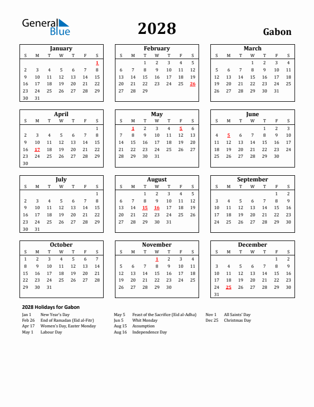 2028 Gabon Holiday Calendar - Sunday Start