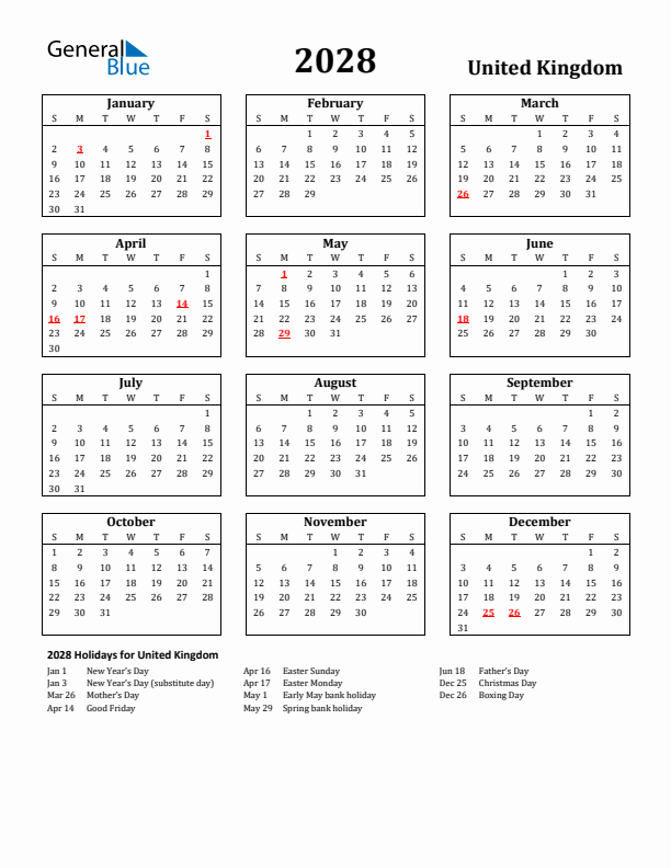 2028 United Kingdom Holiday Calendar - Sunday Start