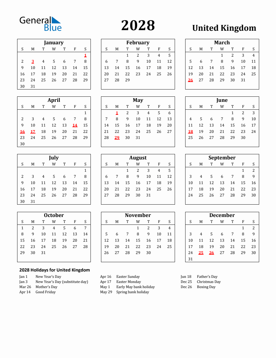 Free Printable 2028 United Kingdom Holiday Calendar
