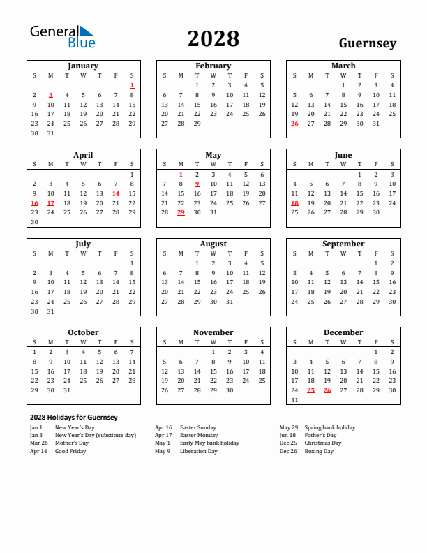 2028 Guernsey Holiday Calendar - Sunday Start