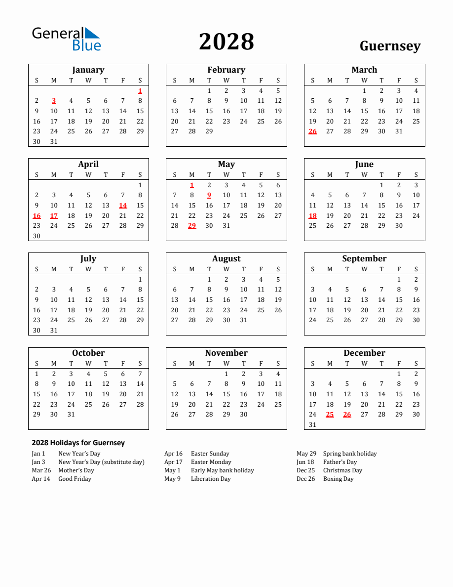 Free Printable 2028 Guernsey Holiday Calendar
