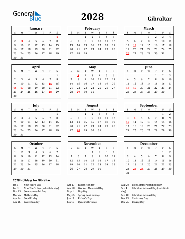 2028 Gibraltar Holiday Calendar - Sunday Start