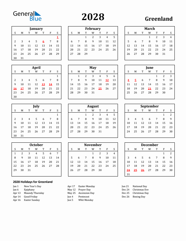 2028 Greenland Holiday Calendar - Sunday Start