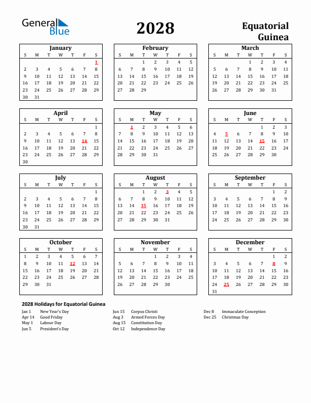 2028 Equatorial Guinea Holiday Calendar - Sunday Start