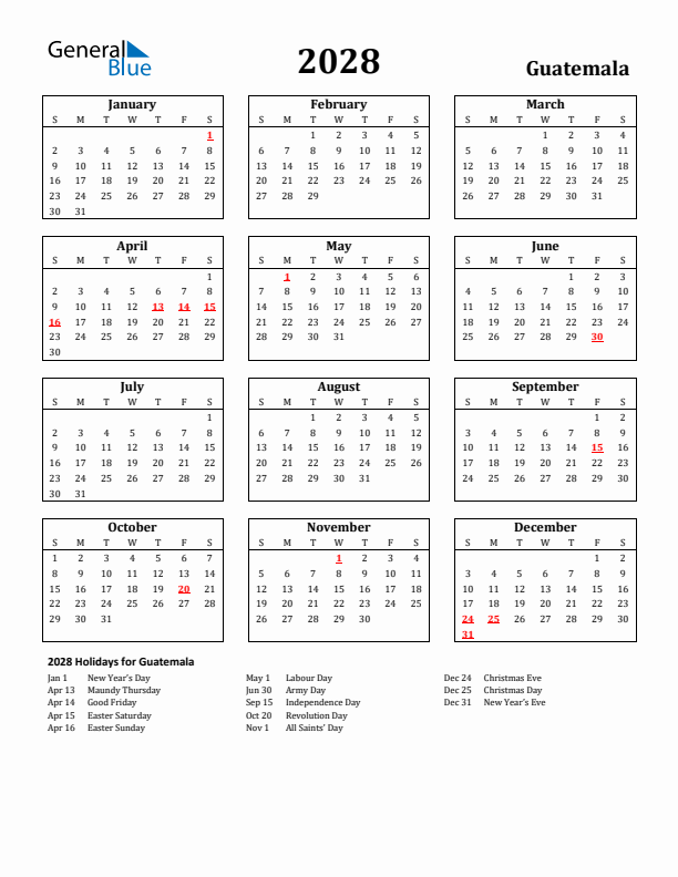 2028 Guatemala Holiday Calendar - Sunday Start