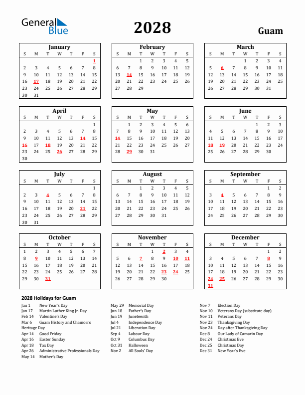 2028 Guam Holiday Calendar - Sunday Start