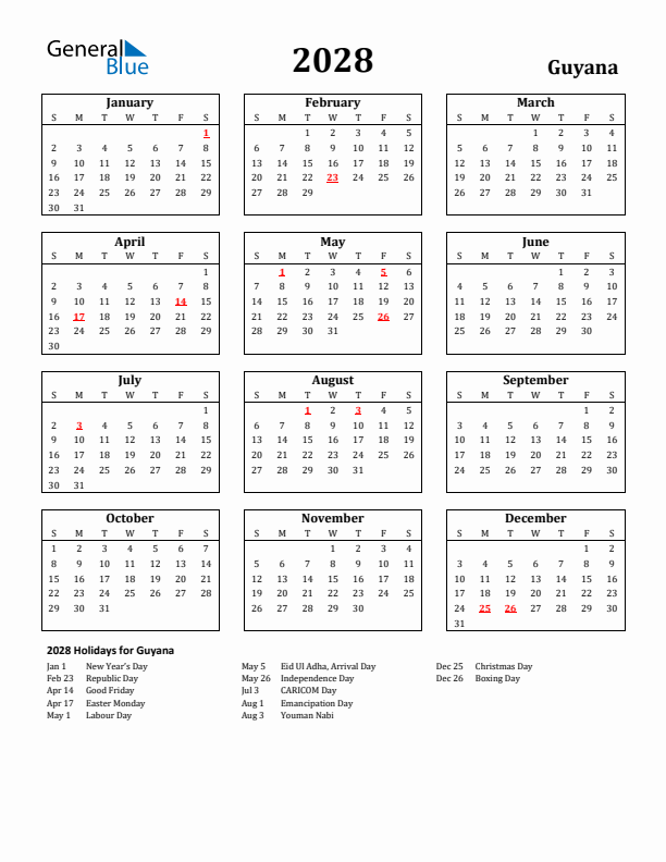 2028 Guyana Holiday Calendar - Sunday Start
