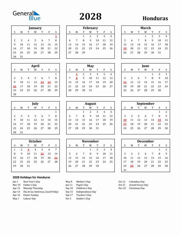 2028 Honduras Holiday Calendar - Sunday Start