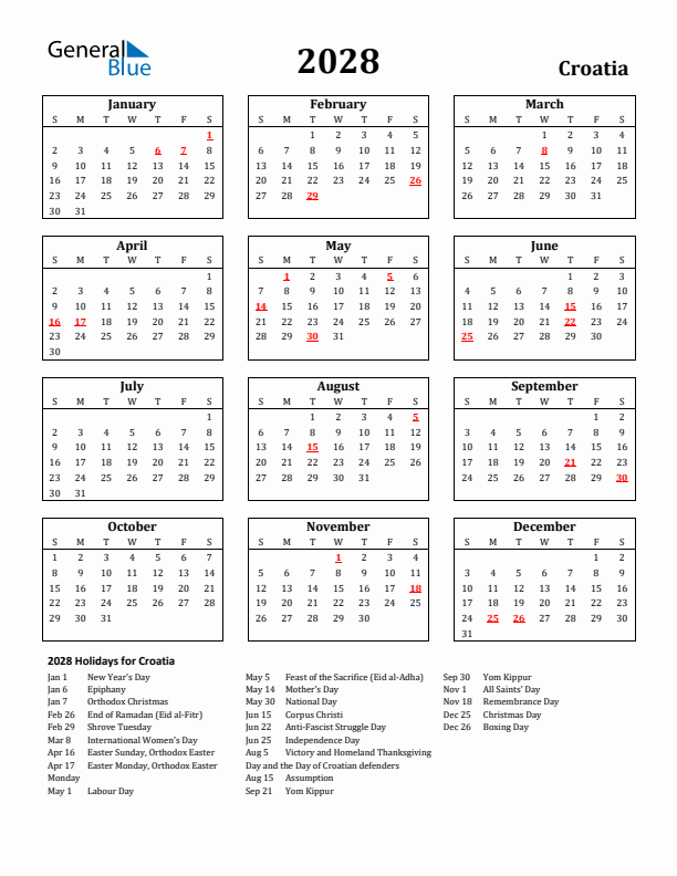 2028 Croatia Holiday Calendar - Sunday Start