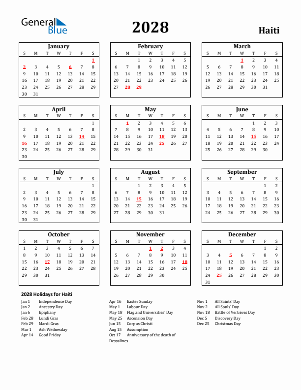 2028 Haiti Holiday Calendar - Sunday Start