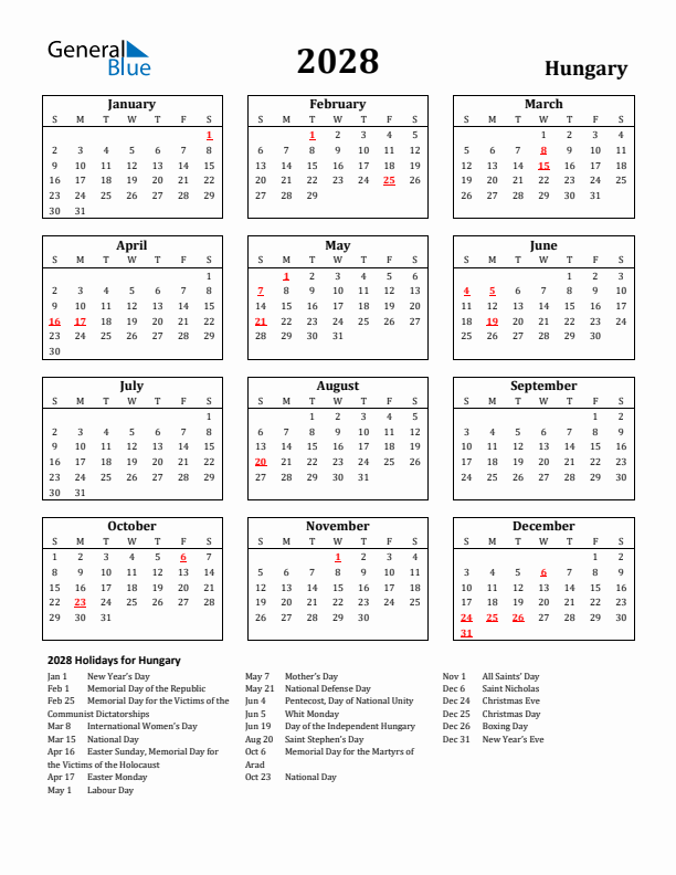 2028 Hungary Holiday Calendar - Sunday Start