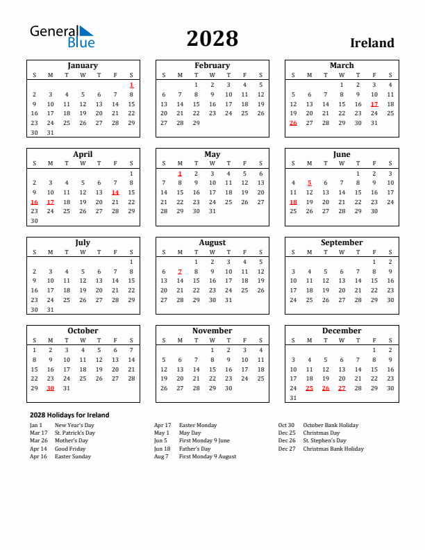 2028 Ireland Holiday Calendar - Sunday Start