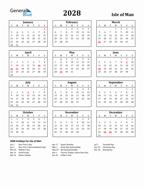 2028 Isle of Man Holiday Calendar - Sunday Start