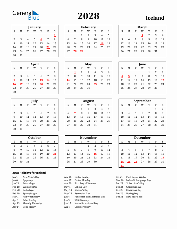 2028 Iceland Holiday Calendar - Sunday Start