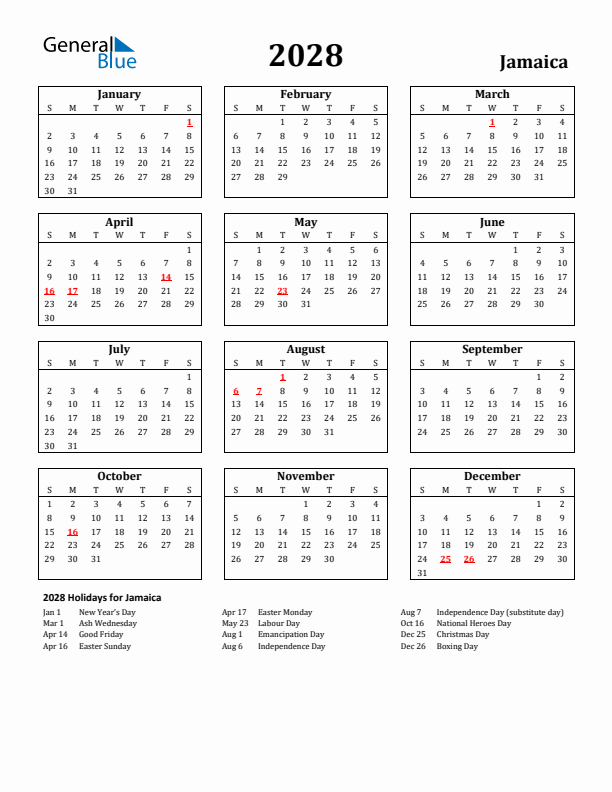 2028 Jamaica Holiday Calendar - Sunday Start