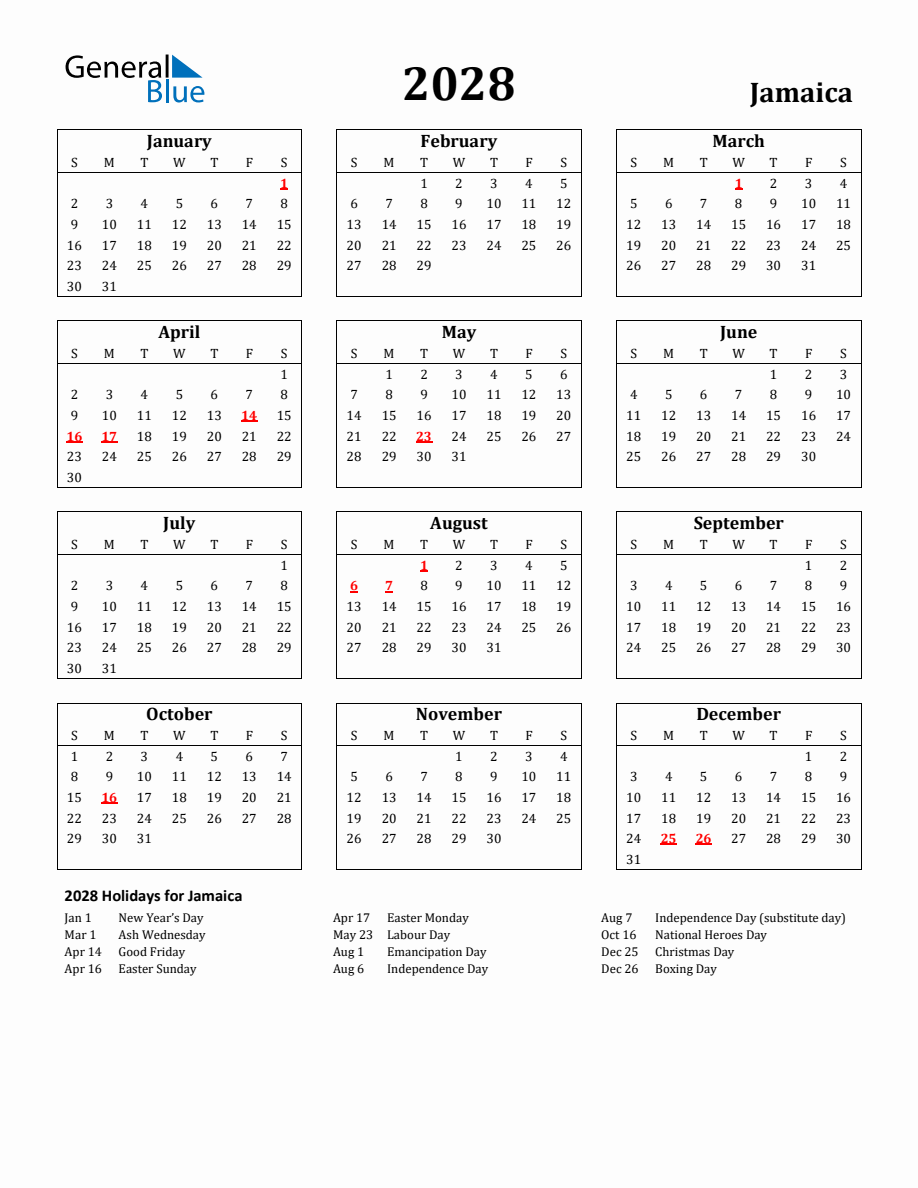Free Printable 2028 Jamaica Holiday Calendar