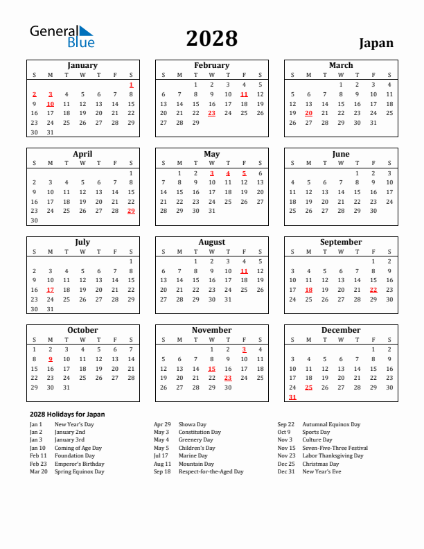 2028 Japan Holiday Calendar - Sunday Start