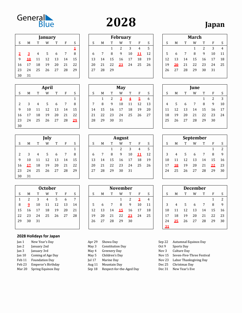 Free Printable 2028 Japan Holiday Calendar