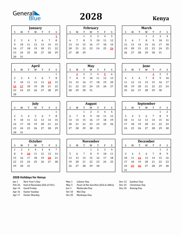 2028 Kenya Holiday Calendar - Sunday Start