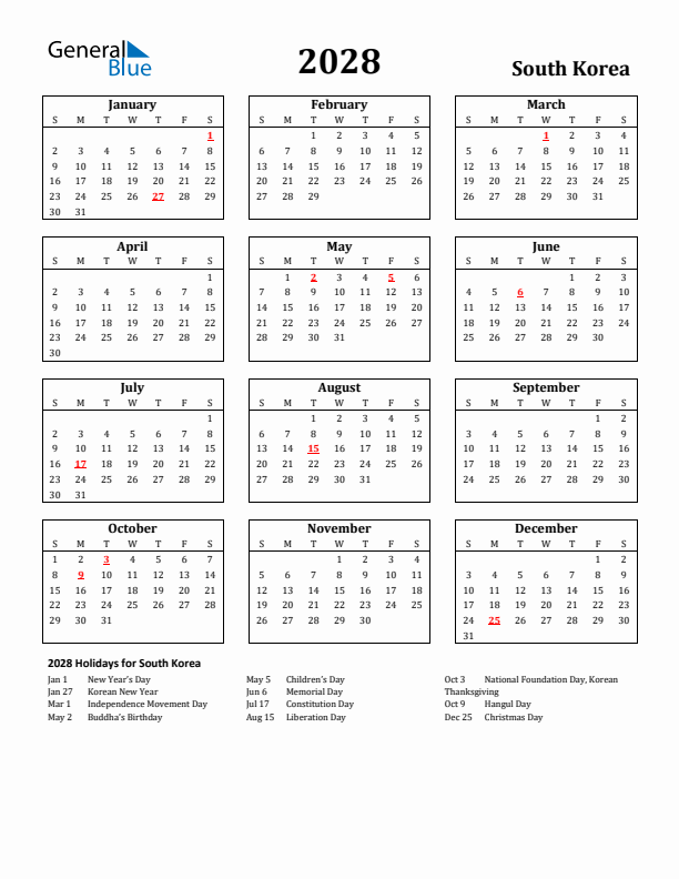 2028 South Korea Holiday Calendar - Sunday Start