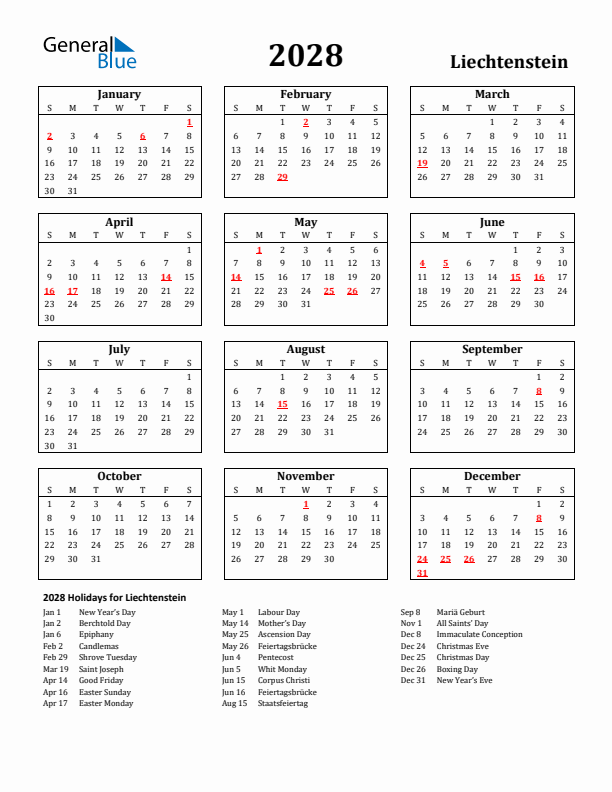 2028 Liechtenstein Holiday Calendar - Sunday Start
