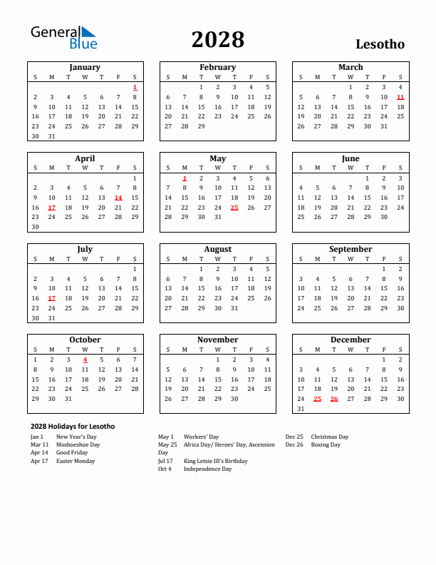 2028 Lesotho Holiday Calendar - Sunday Start