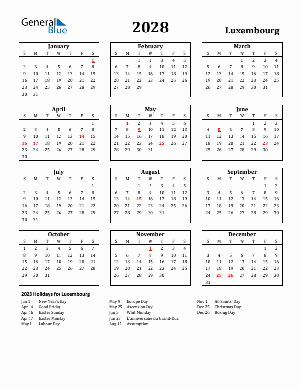 2028 Luxembourg Holiday Calendar - Sunday Start