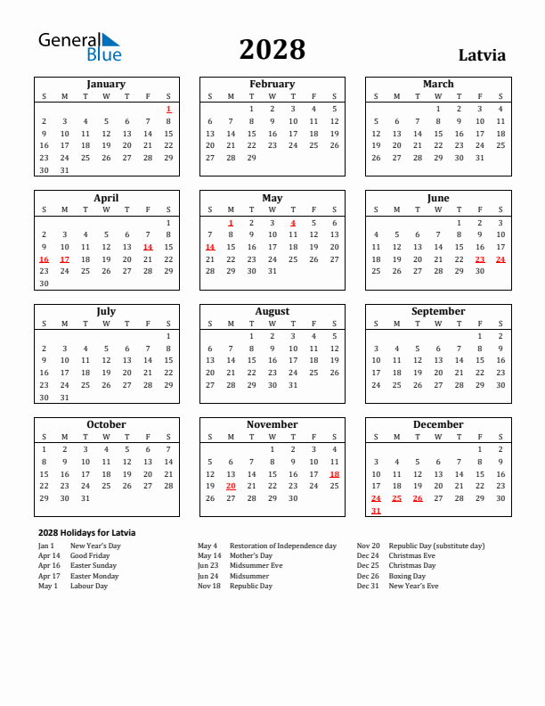 2028 Latvia Holiday Calendar - Sunday Start