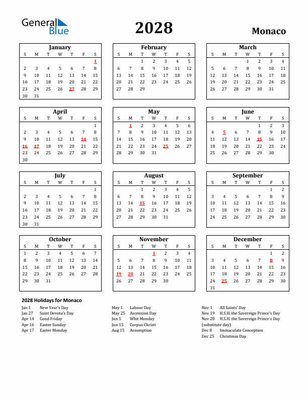 2028 Monaco Holiday Calendar - Sunday Start