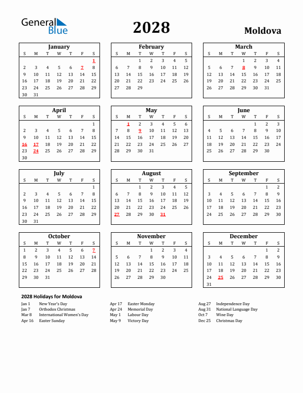 2028 Moldova Holiday Calendar - Sunday Start