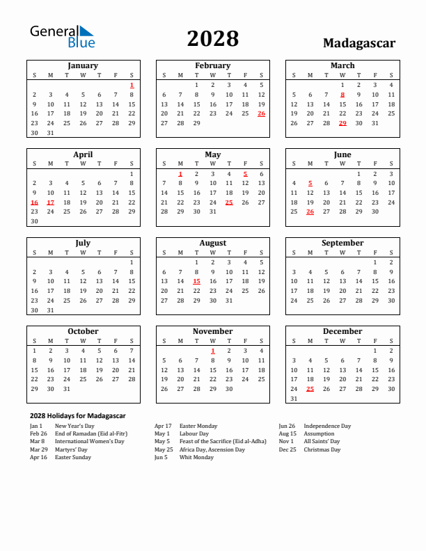 2028 Madagascar Holiday Calendar - Sunday Start