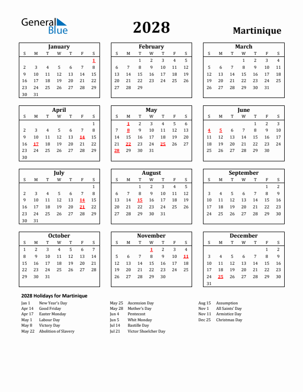2028 Martinique Holiday Calendar - Sunday Start