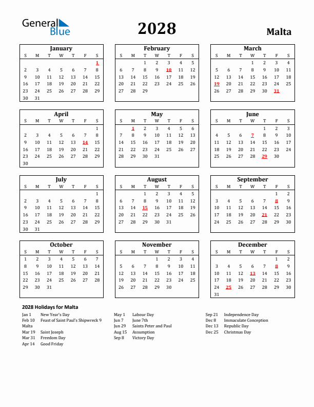 2028 Malta Holiday Calendar - Sunday Start