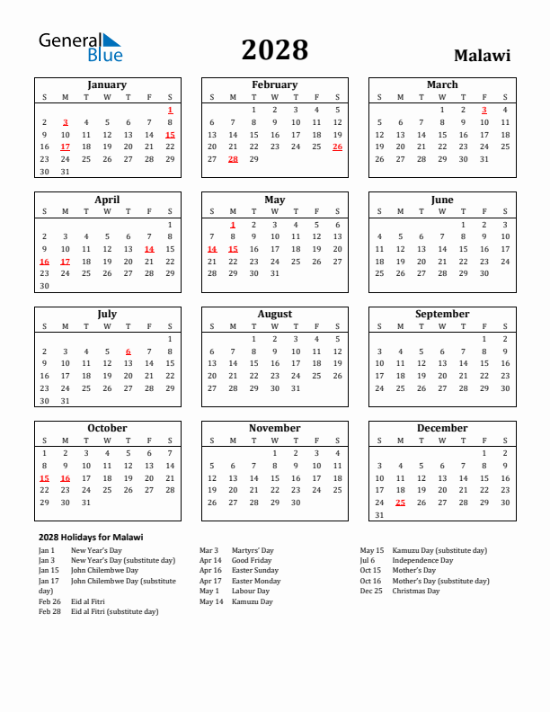 2028 Malawi Holiday Calendar - Sunday Start