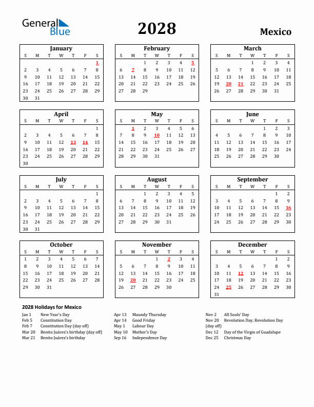 2028 Mexico Holiday Calendar - Sunday Start