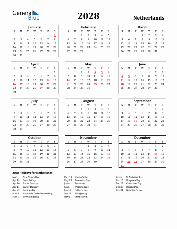2028 The Netherlands Holiday Calendar - Sunday Start