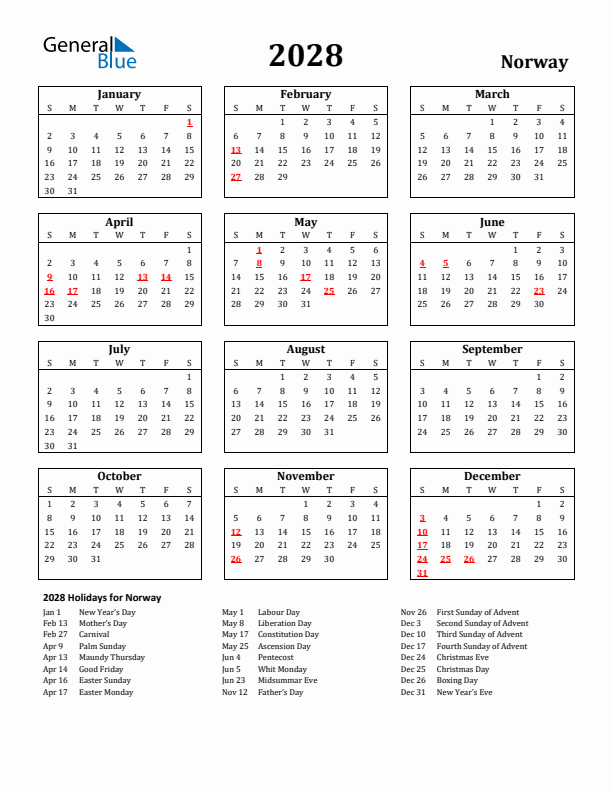 2028 Norway Holiday Calendar - Sunday Start