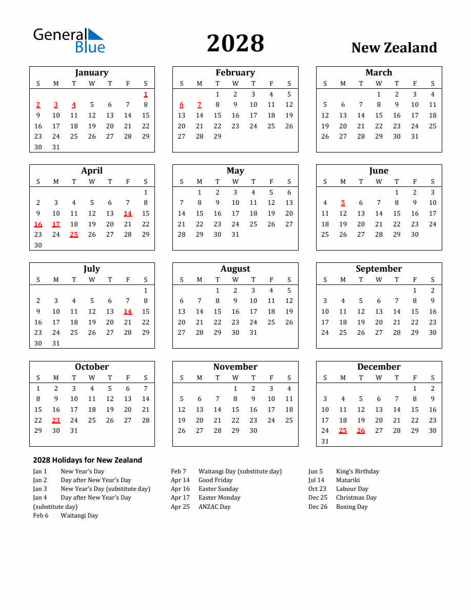 Free Printable 2028 New Zealand Holiday Calendar