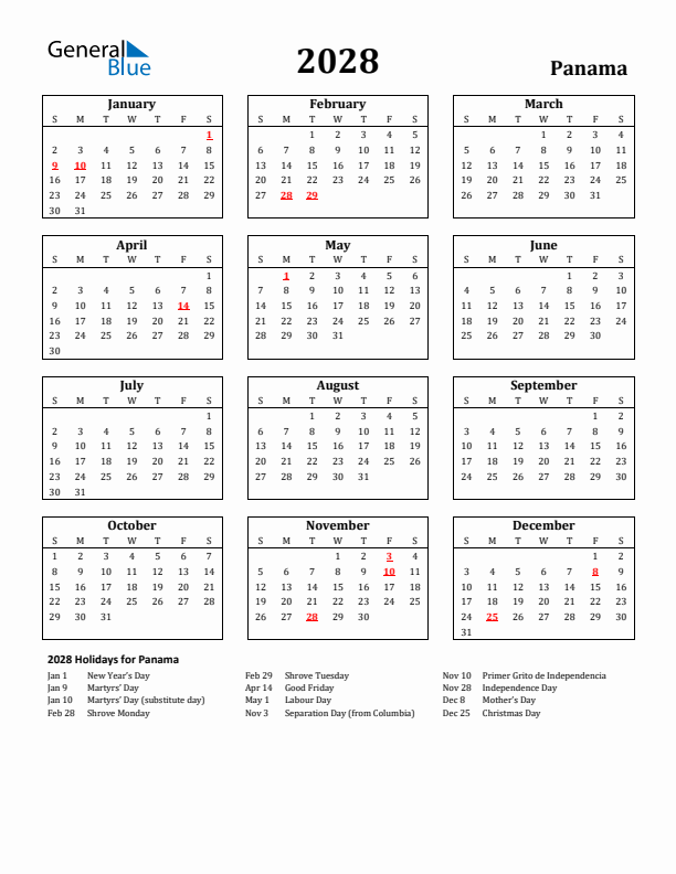 2028 Panama Holiday Calendar - Sunday Start