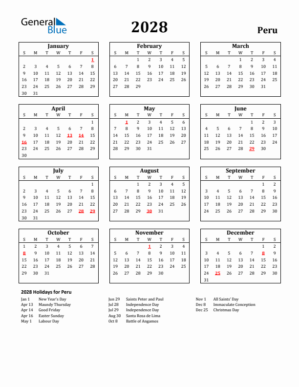 2028 Peru Holiday Calendar - Sunday Start