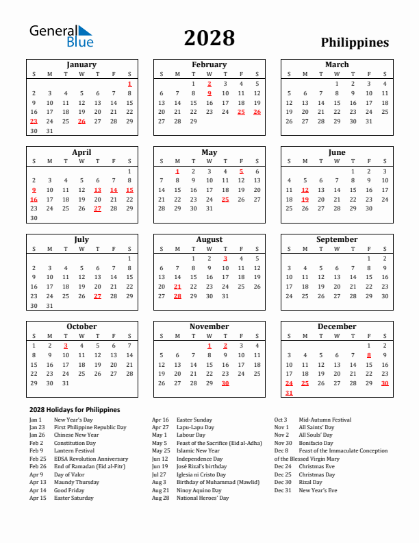 2028 Philippines Holiday Calendar - Sunday Start