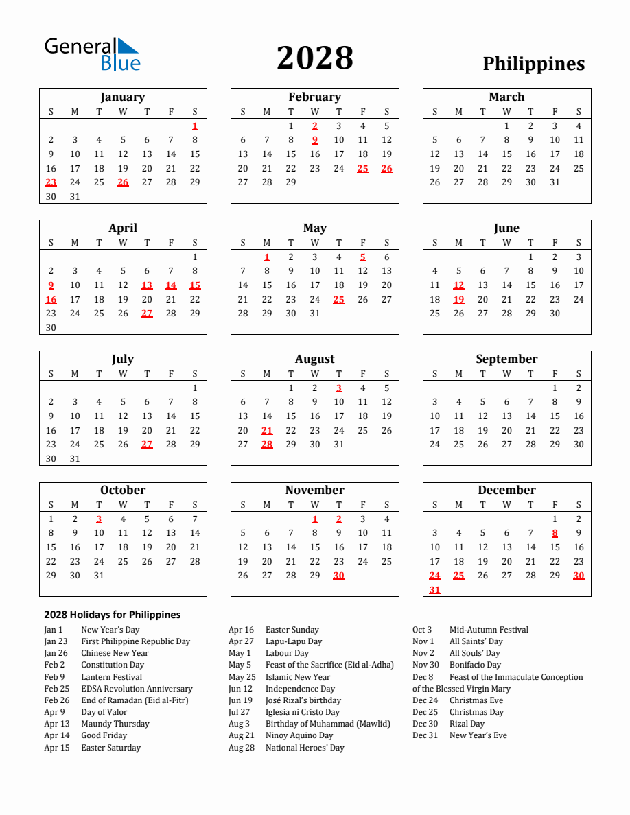 Free Printable 2028 Philippines Holiday Calendar