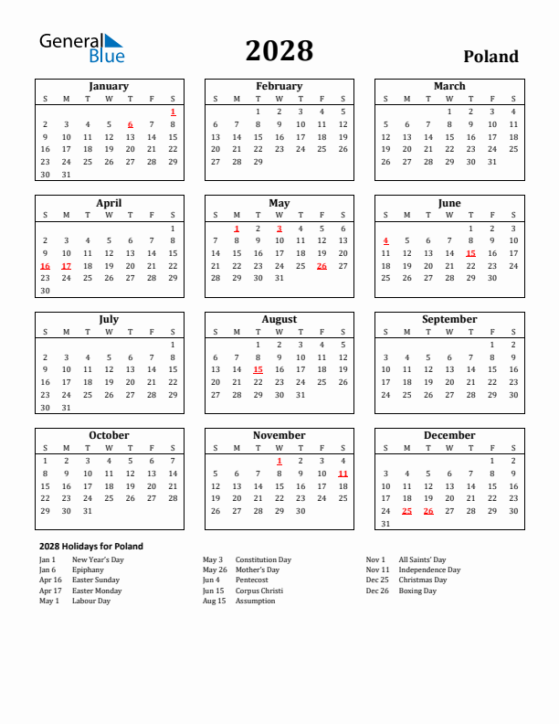 2028 Poland Holiday Calendar - Sunday Start